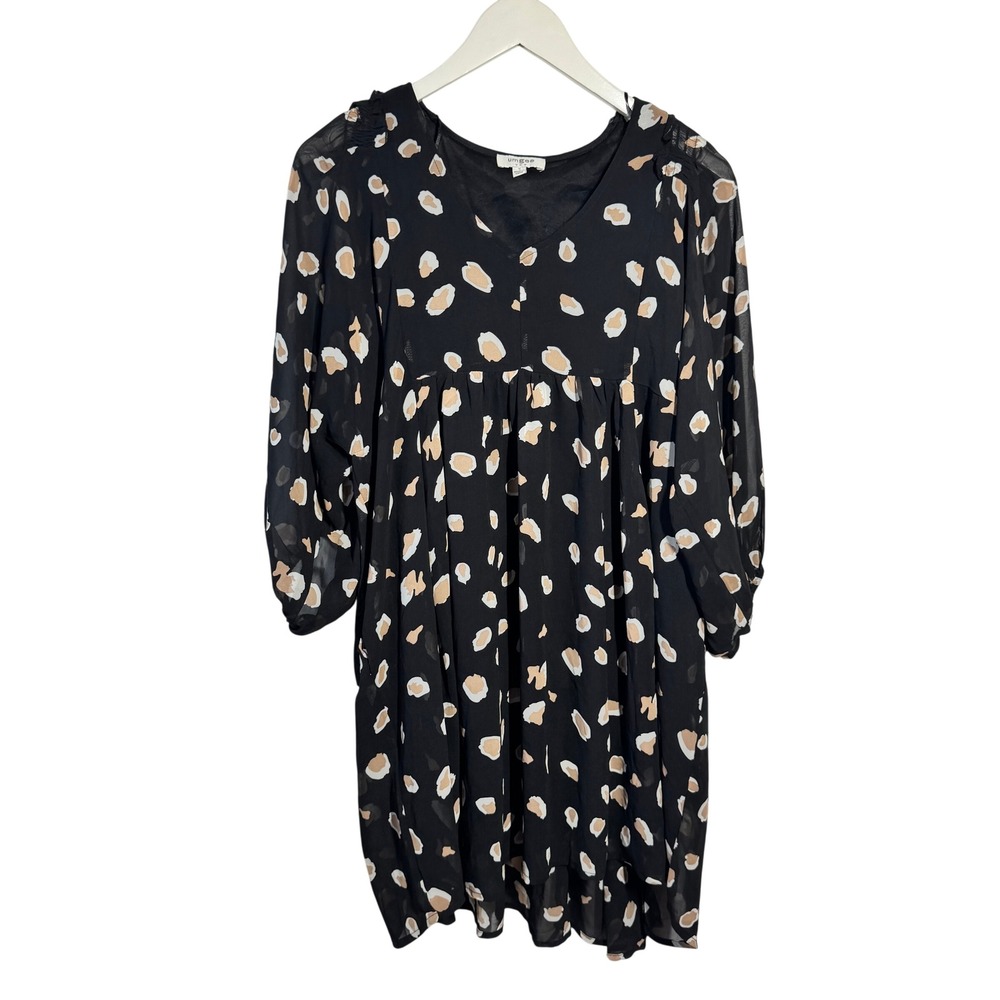 Umgee USA Black Leopard Spot Babydoll Mini Dress V-Neck Balloon Sleeve S Boho